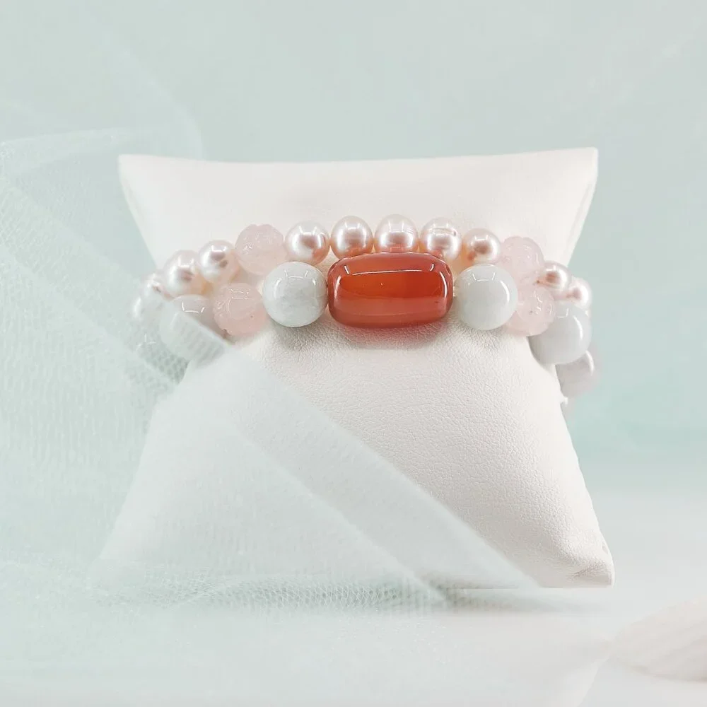 Jade Bracelet Set of 2, Genuine Jade w/Red Agate & Blush Pearls, Quiet Luxury